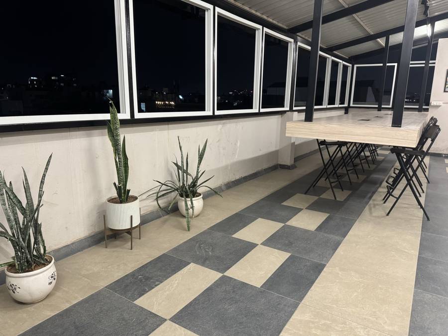 The far end of the business centre, planters along the window wall