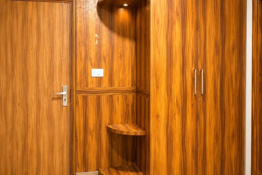 The teak door and wardrobe fronts, close up